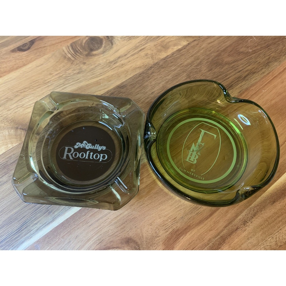 2 vintage MCM green glass Square ashtrays Hotel Advertising
